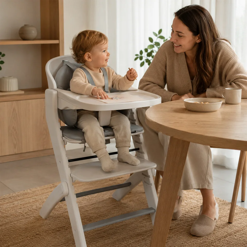 Niño sentado en la silla escalonada Ninino junto a la mesa